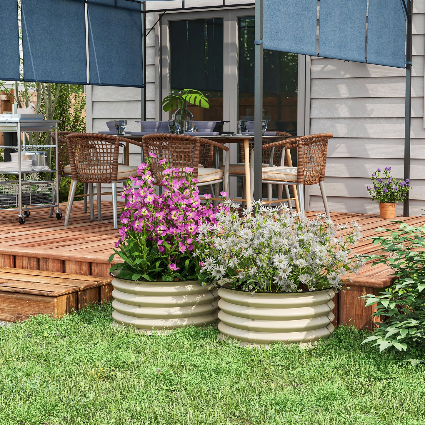 Set of 2 Raised Garden Beds Metal Planter Boxes Cream Weatherproof Outdoor