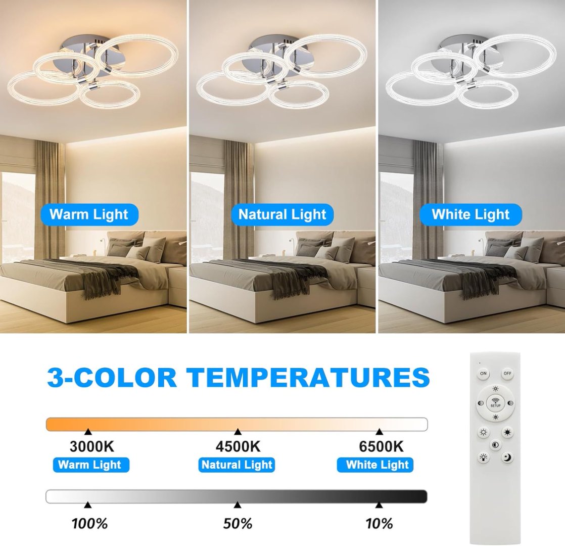 Modern Dimmable LED Ceiling Light with Remote Control, 4-Ring Acrylic Flush Mount Fixture for Bedroom, Living Room, Kitchen