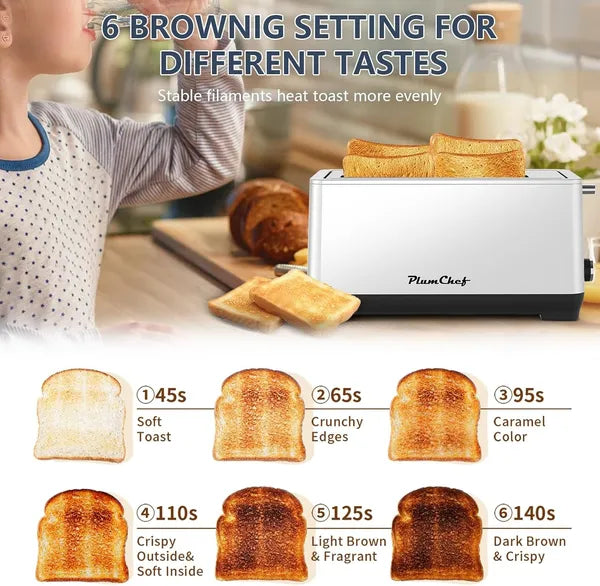 4-Slice Stainless Steel Toaster with Wide Long Slots, 6 Browning Settings, Bagel & Reheat Functions