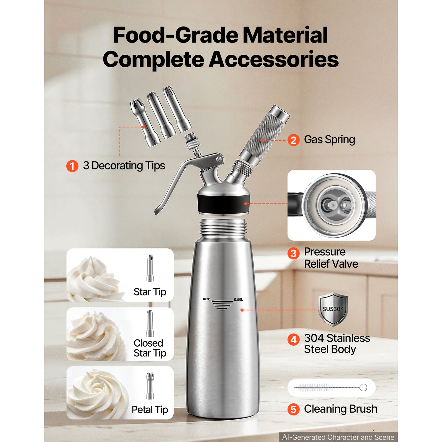 304 Stainless Steel Whipped Cream Dispenser 500ml with Nozzles & Brush