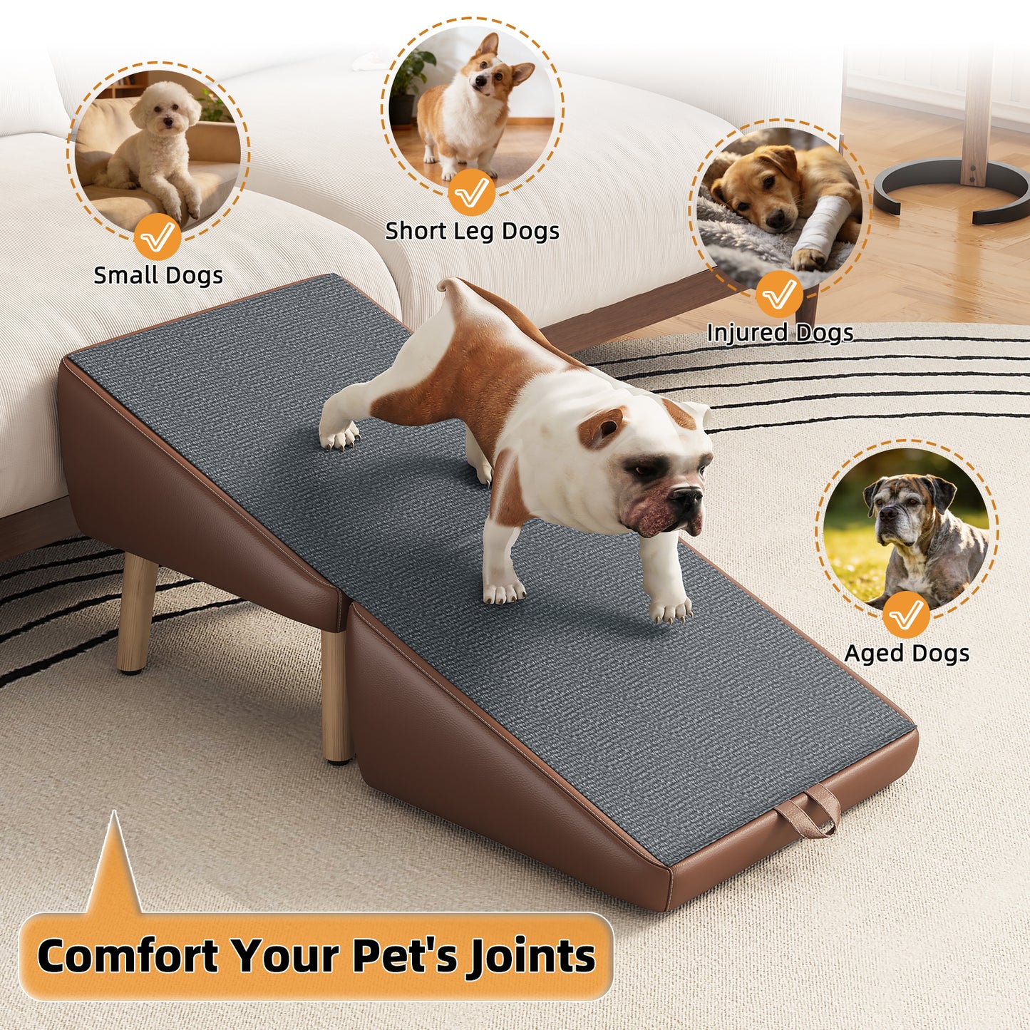 Foldable Dog Stairs for Small Dogs and Cats - Wooden Pet Ramp for Couch & Bed, Brown