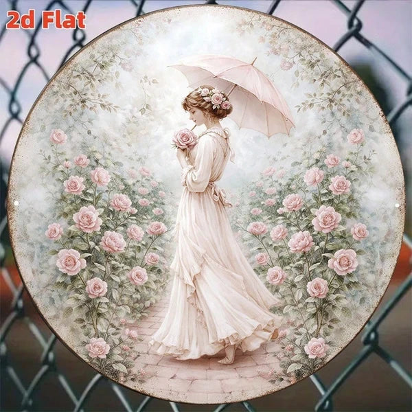 Victorian Lady & Roses Round Wall Plaque - Vintage Metal Sign