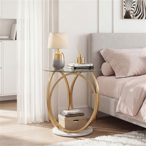 Modern 2-Tier Side Table With Tempered Glass Top & Faux Marble Base,