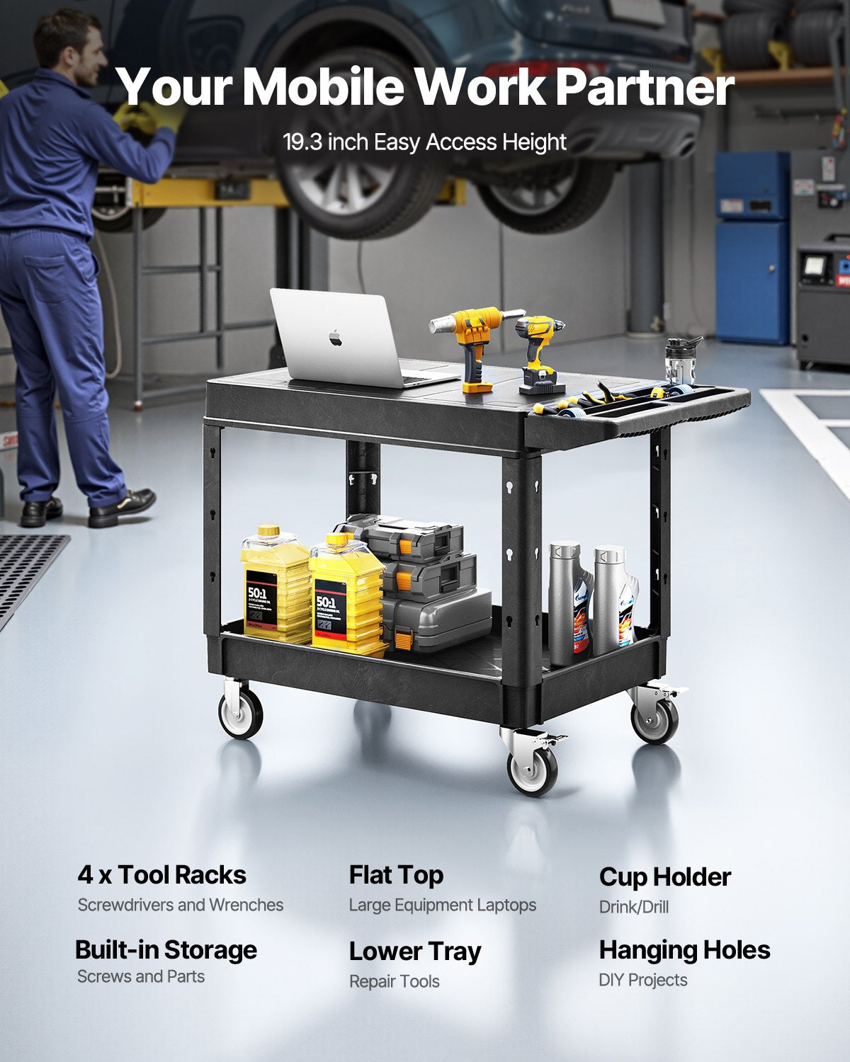 Heavy Duty Utility Cart with 2 Shelves - 550 Lb Capacity, Mobile Service Cart