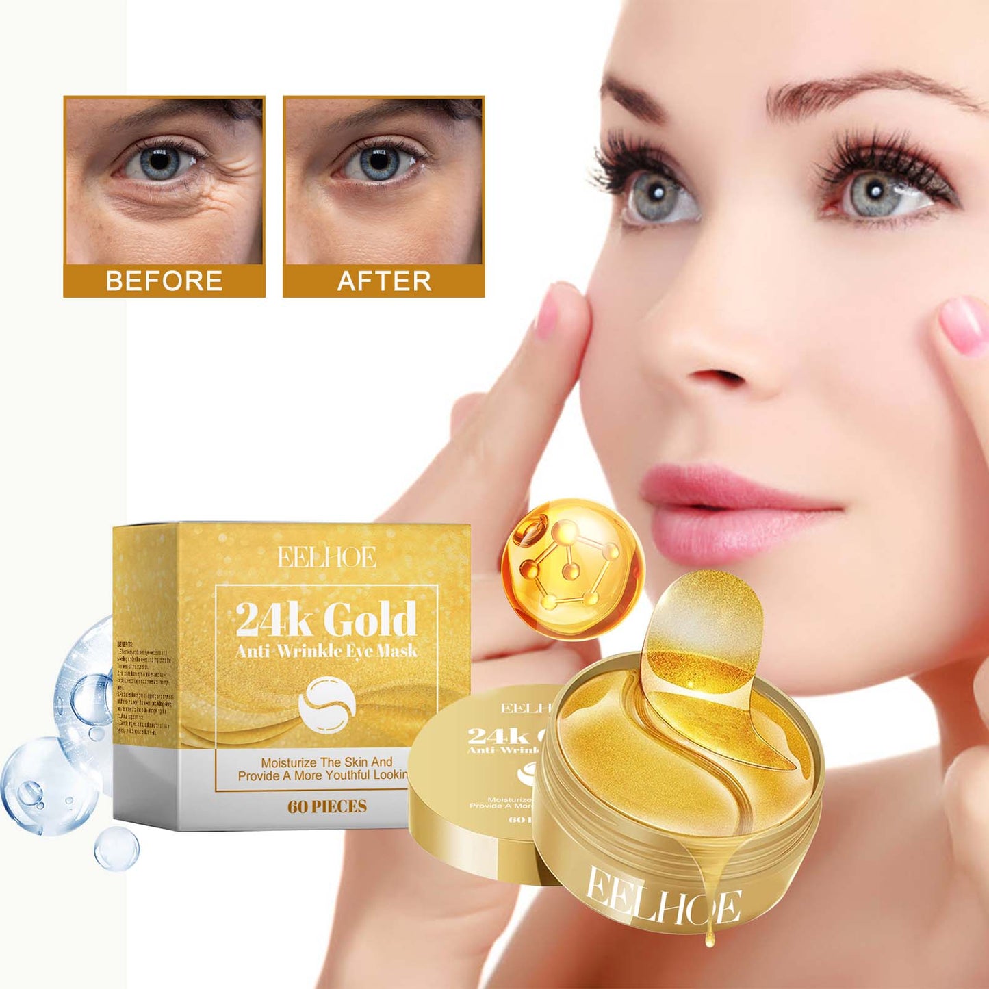 24K Gold Collagen Eye Masks - Moisturizing & Anti-Aging Eye Treatment - 60pcs