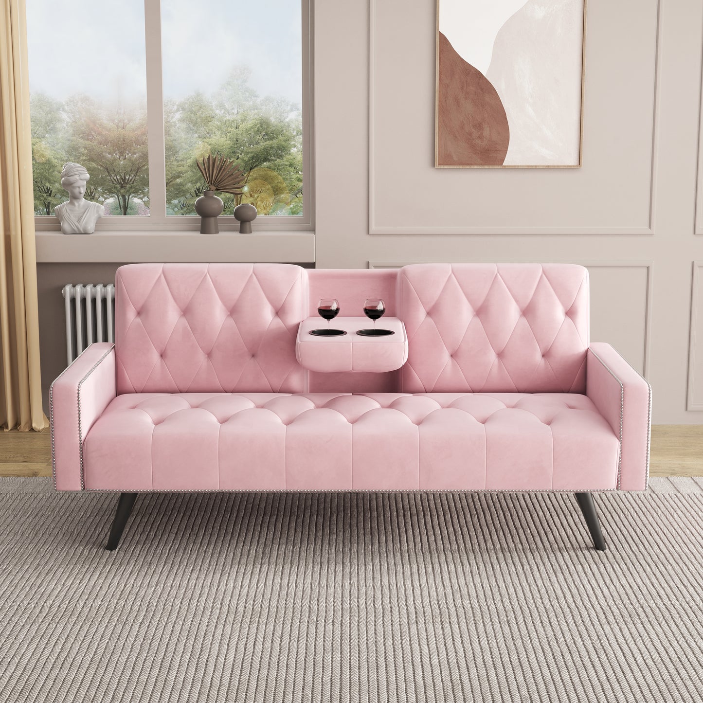 Pink Velvet Sofa Bed with Armrests & Cup Holders - 72"