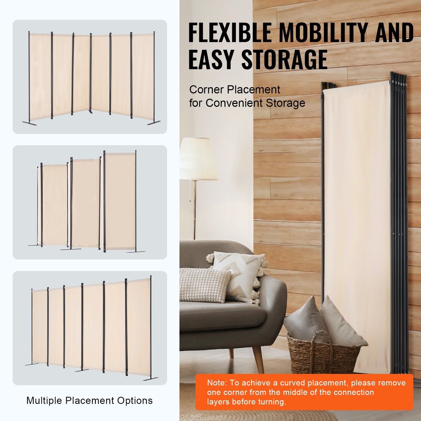6 Panel Folding Room Divider - Portable Privacy Screen in Beige