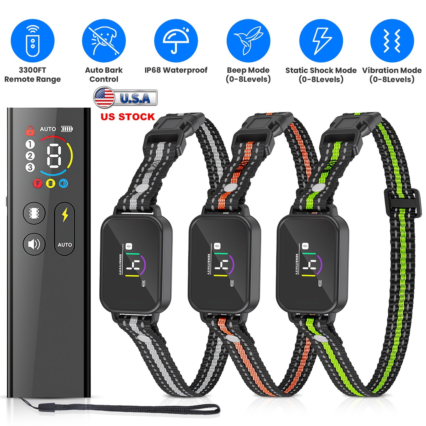 Dog Training Collar with Remote, Bark Control & 3 Channels - Waterproof Rechargeable
