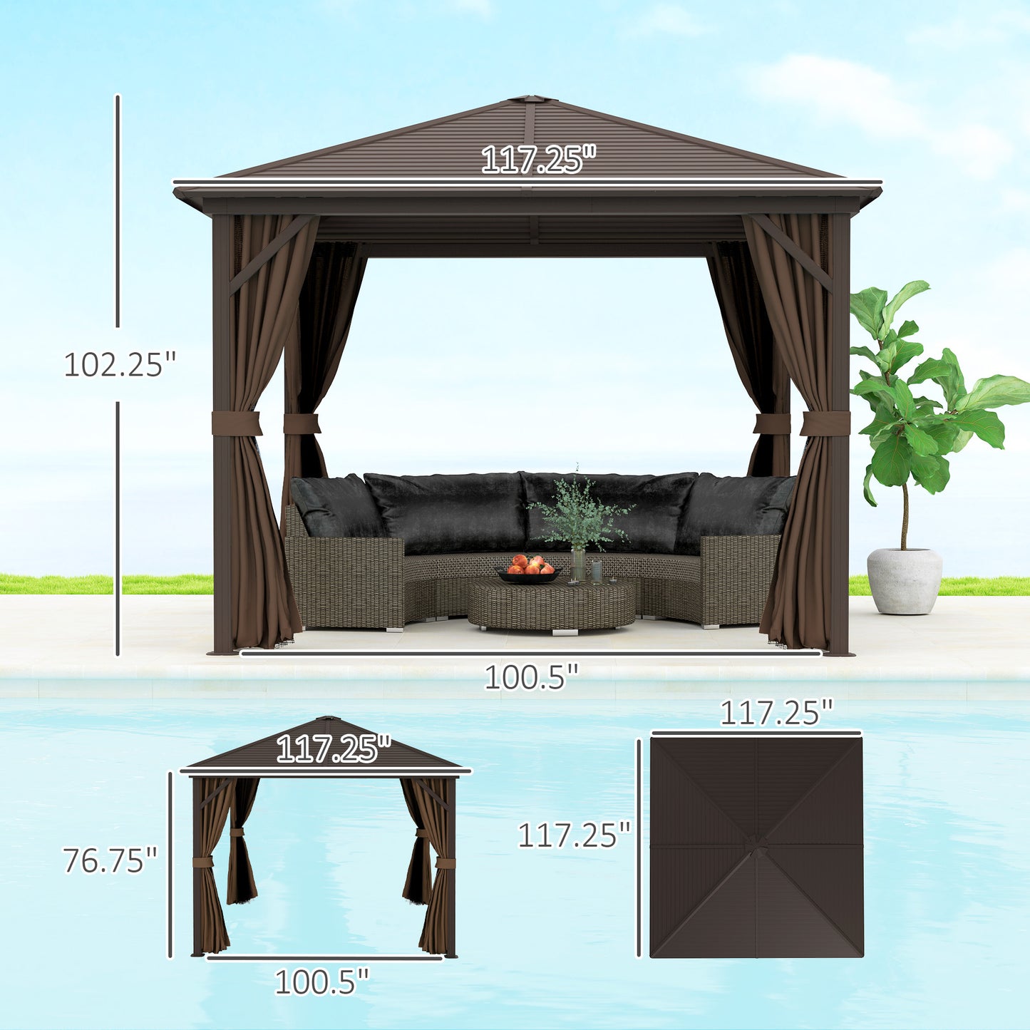 10x10 Aluminum Hardtop Gazebo Canopy with Curtains & Hook - Brown
