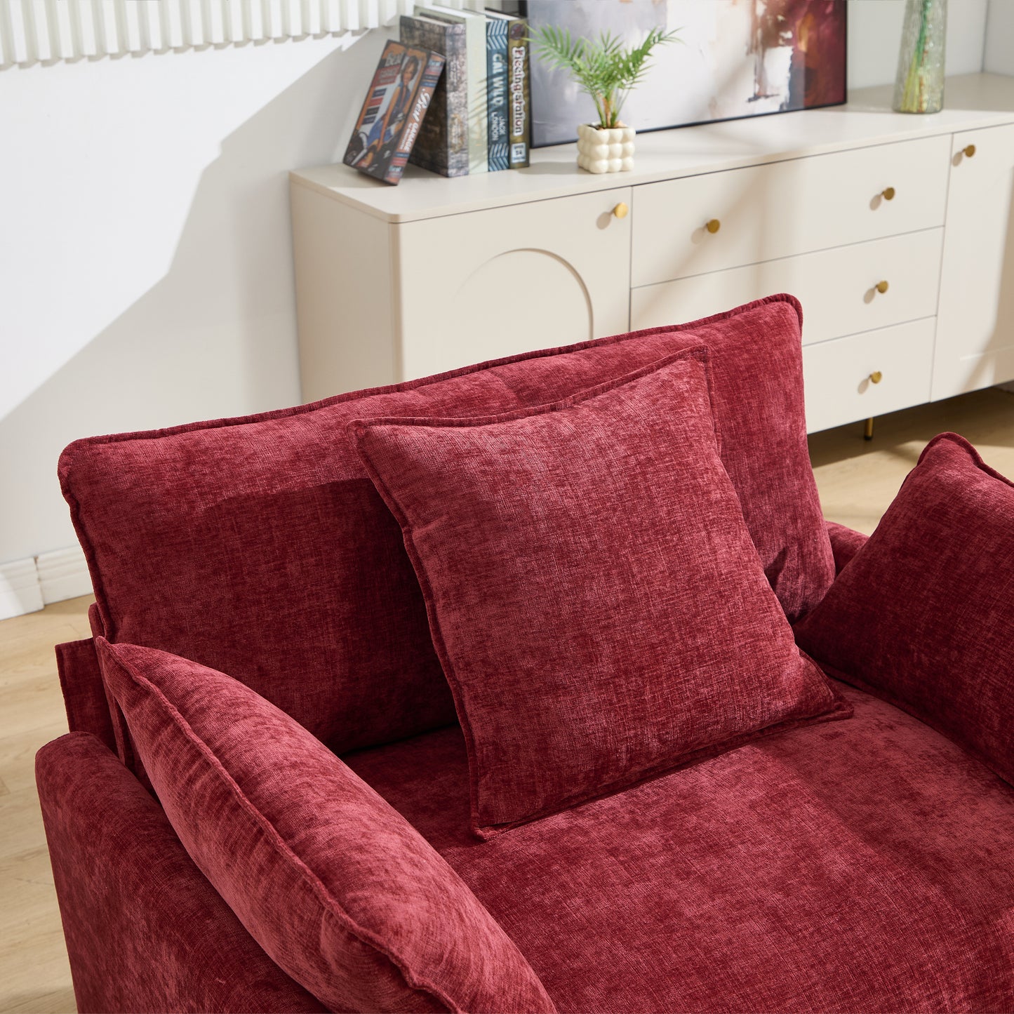 Modern Accent Chair with Ottoman - Wine Red Chenille Upholstery