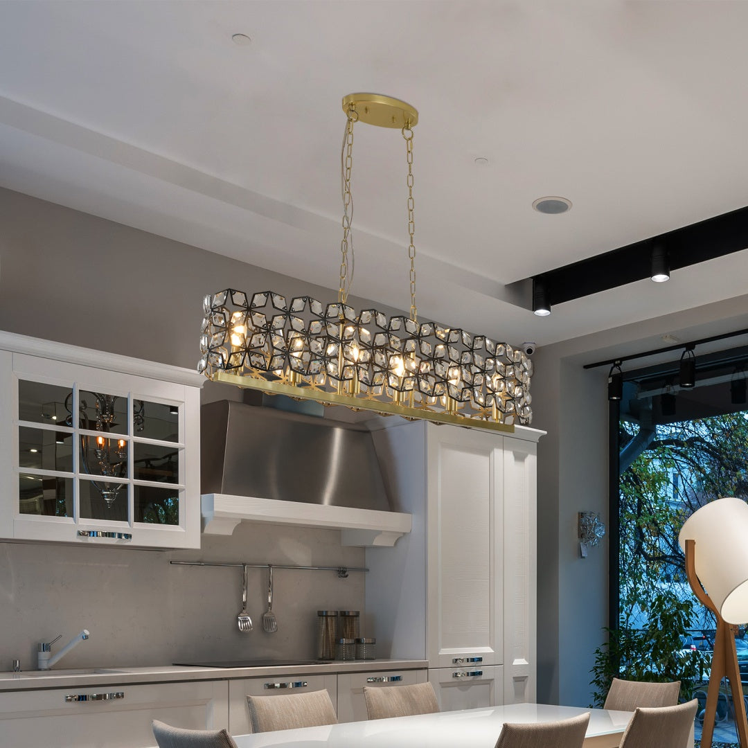 Contemporary Crystal Pendant Chandelier - Black & Gold Modern Light Fixture for Dining Room