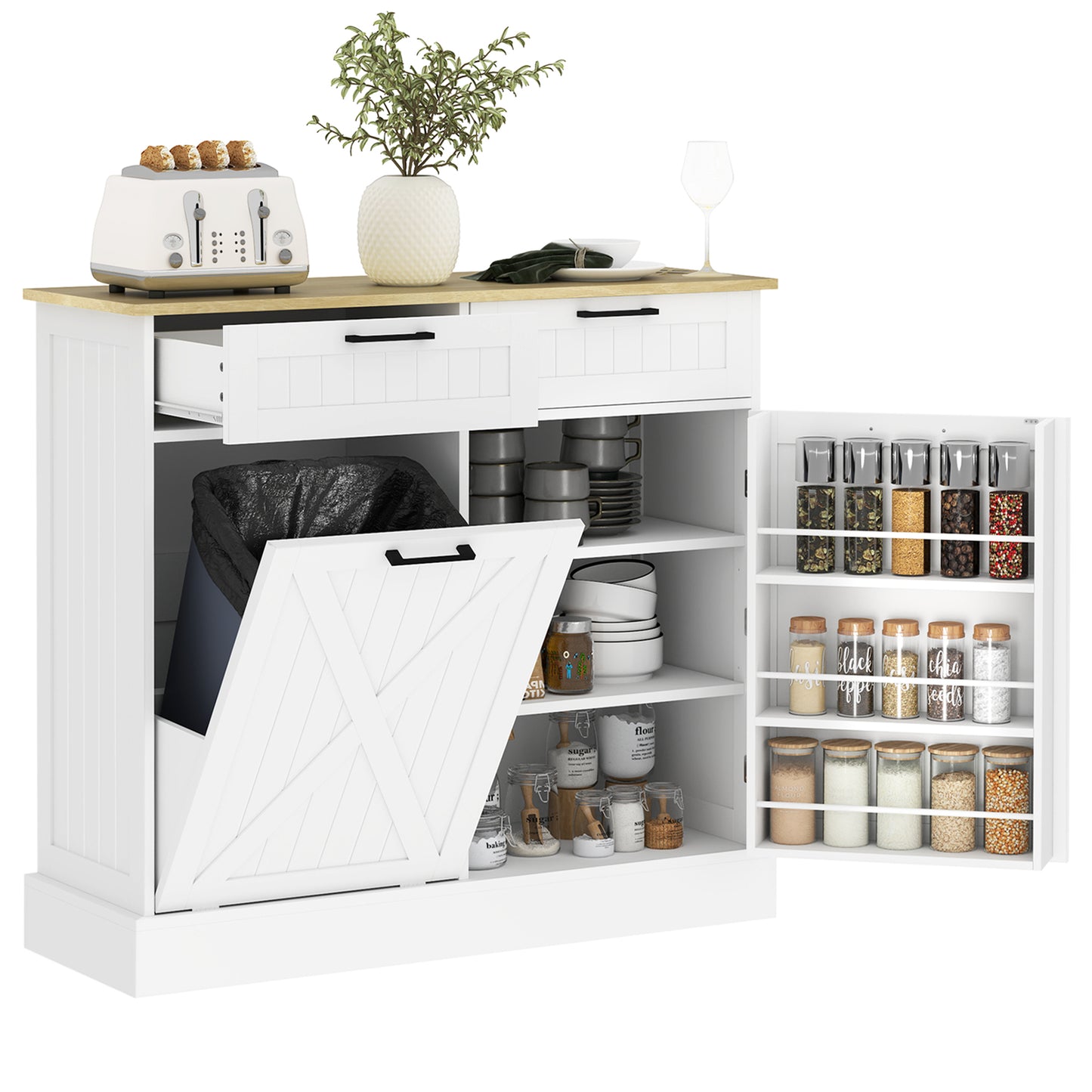 Farmhouse Kitchen Cabinet with Hidden Trash Can & 2 Drawers - White
