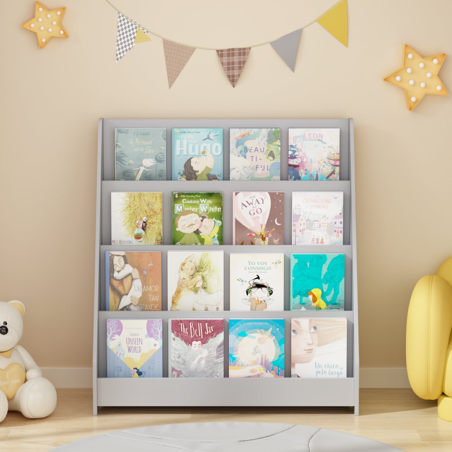 4-Tier Kids Bookshelf - Gray MDF Book Display for Bedrooms & Playrooms