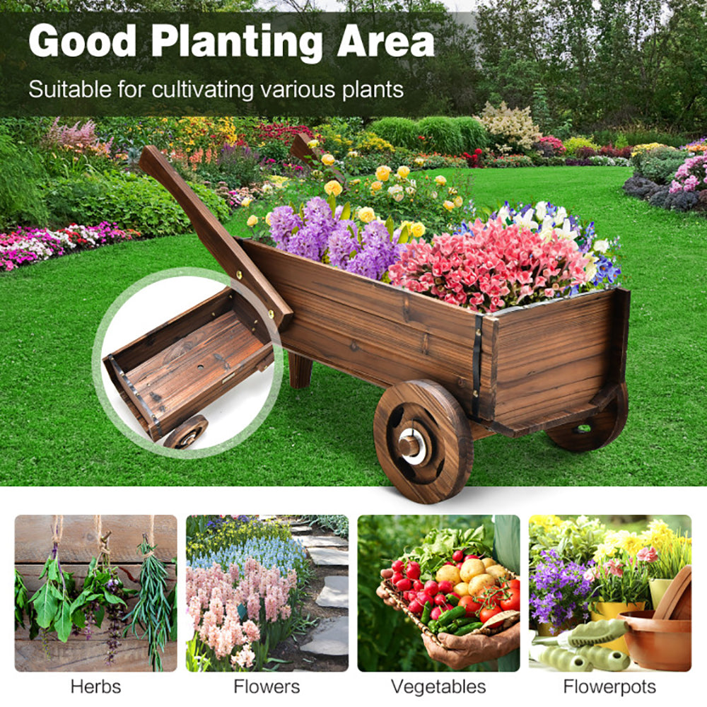 Wooden Wagon Planter Box with Wheels and Drainage Hole - Rustic Brown Garden Decor