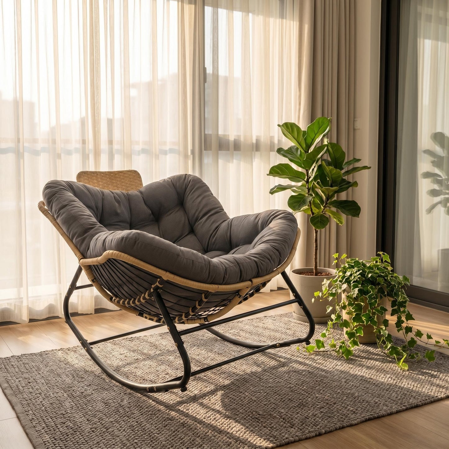 Oversized Rocking Chair with Cushion - Dark Grey Rattan