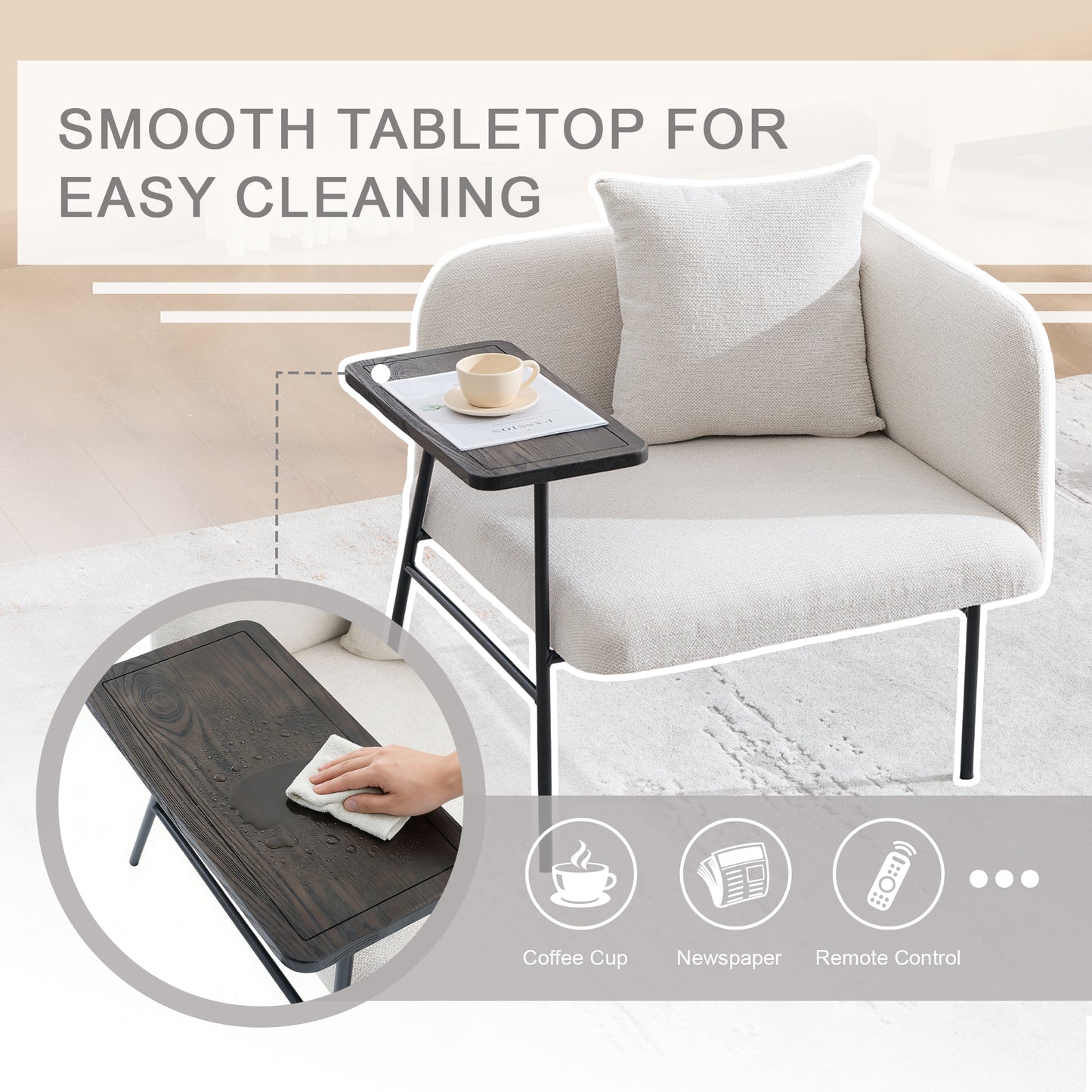 Modern Upholstered Lounge Chair with Side Table & Pillow - Beige