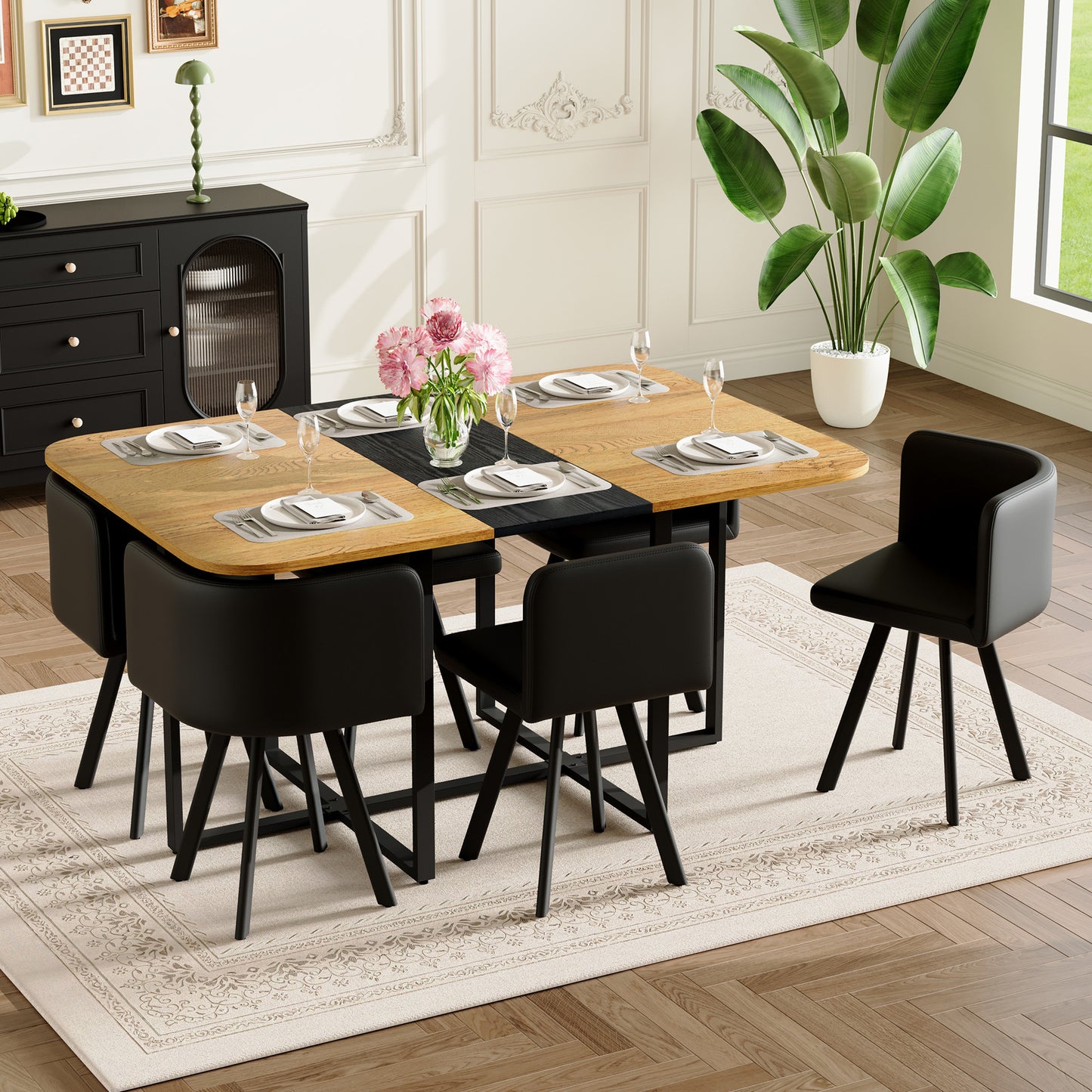 7-Piece Rectangular Dining Table Set with 6 Black Chairs