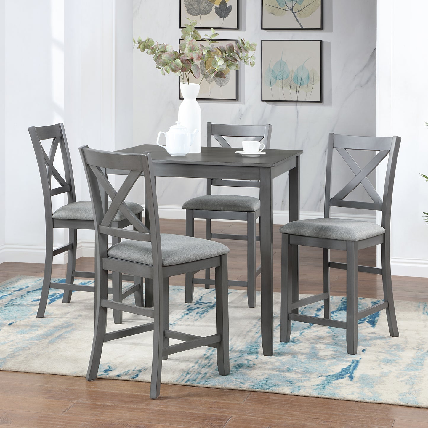 5-Piece Counter Height Dining Table Set with 4 Upholstered Chairs - Gray