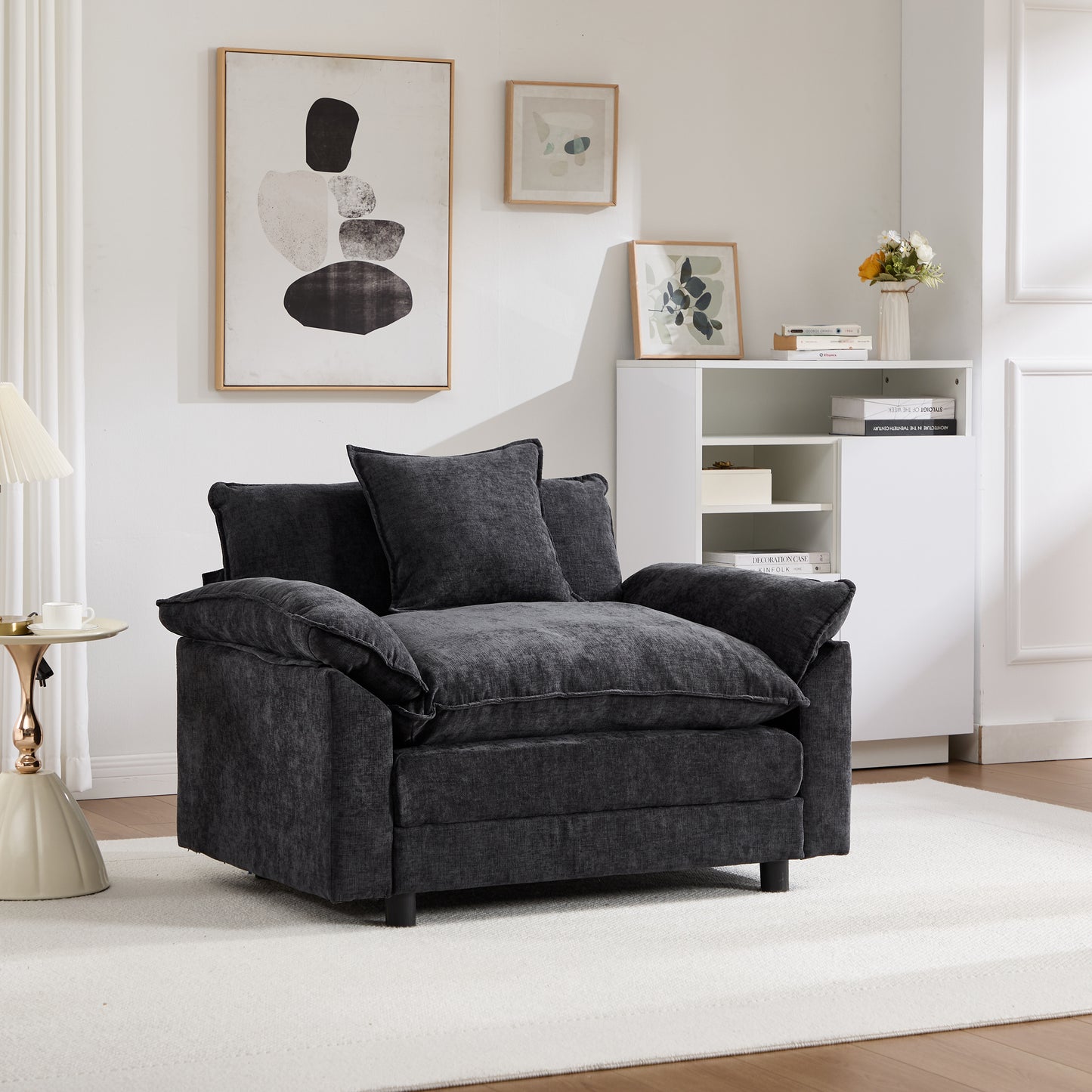 Modern Chenille Accent Chair with Ottoman - Black