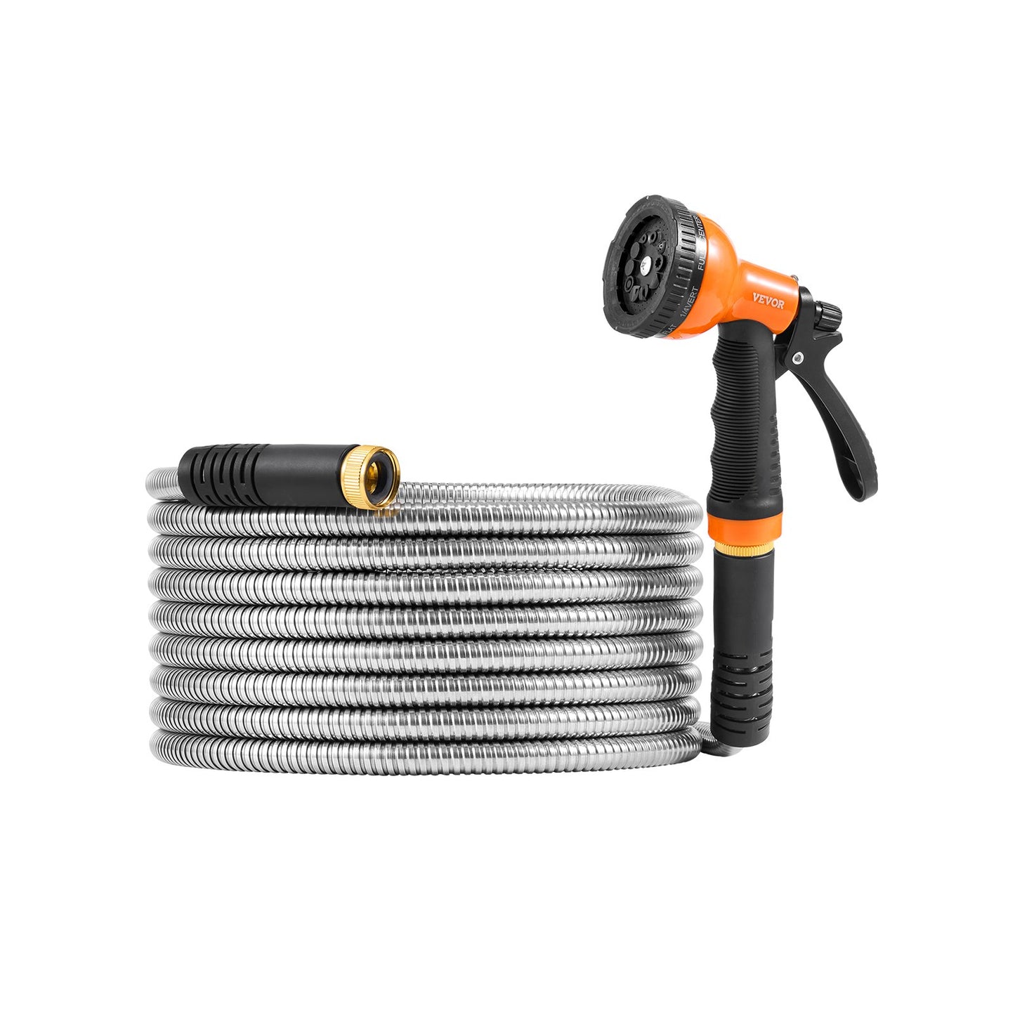 25 Ft Stainless Steel Garden Hose with No-Kink Nozzle - Heavy Duty Outdoor Water Pipe