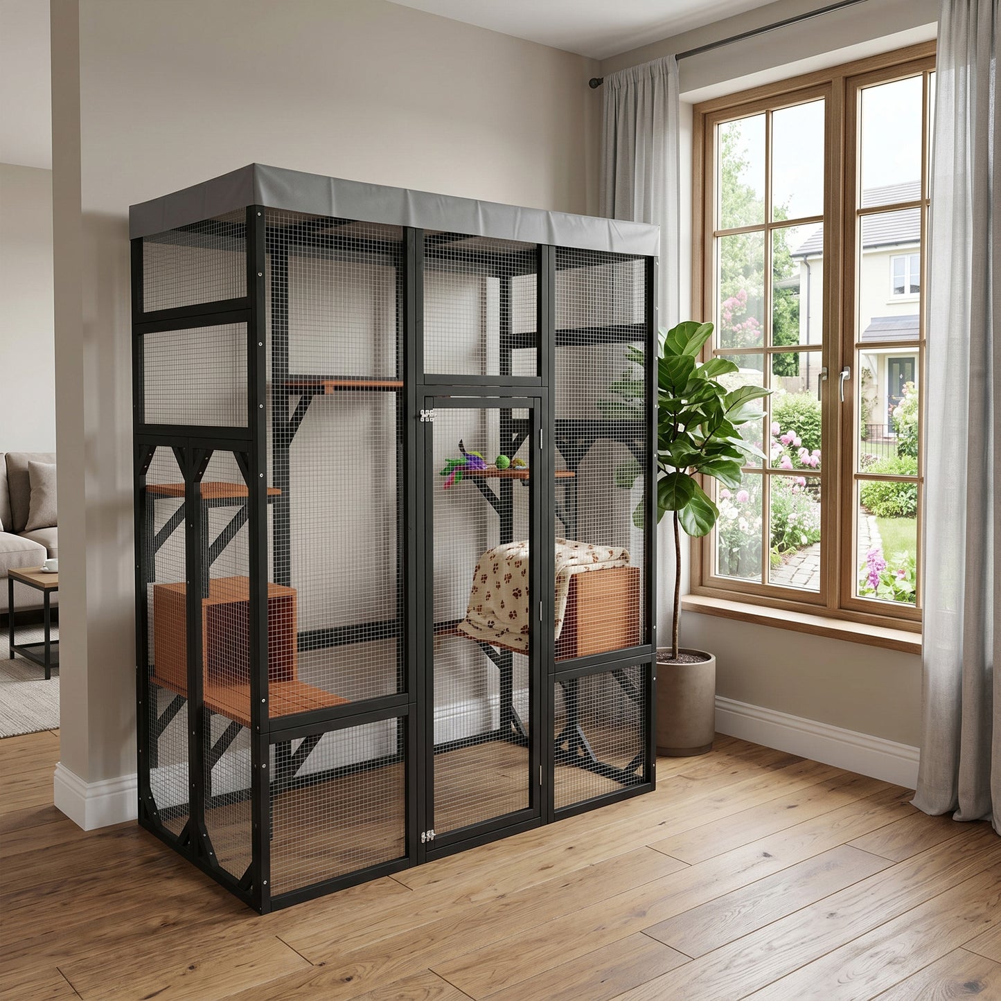Large Wooden Cat Enclosure with Waterproof Cover and Multiple Platforms