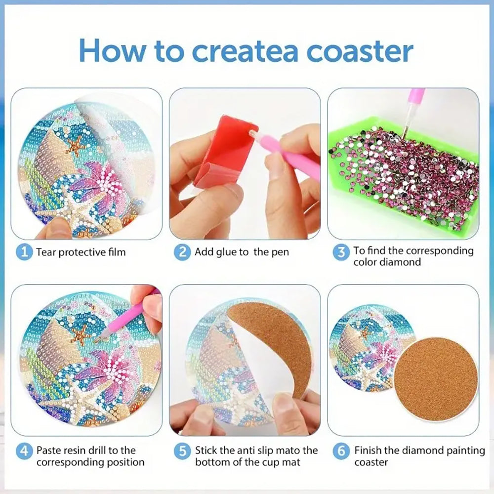 Diamond Painting Coaster Kit with Holder for Beginners - Seaside Pattern, 9.7x9.7cm