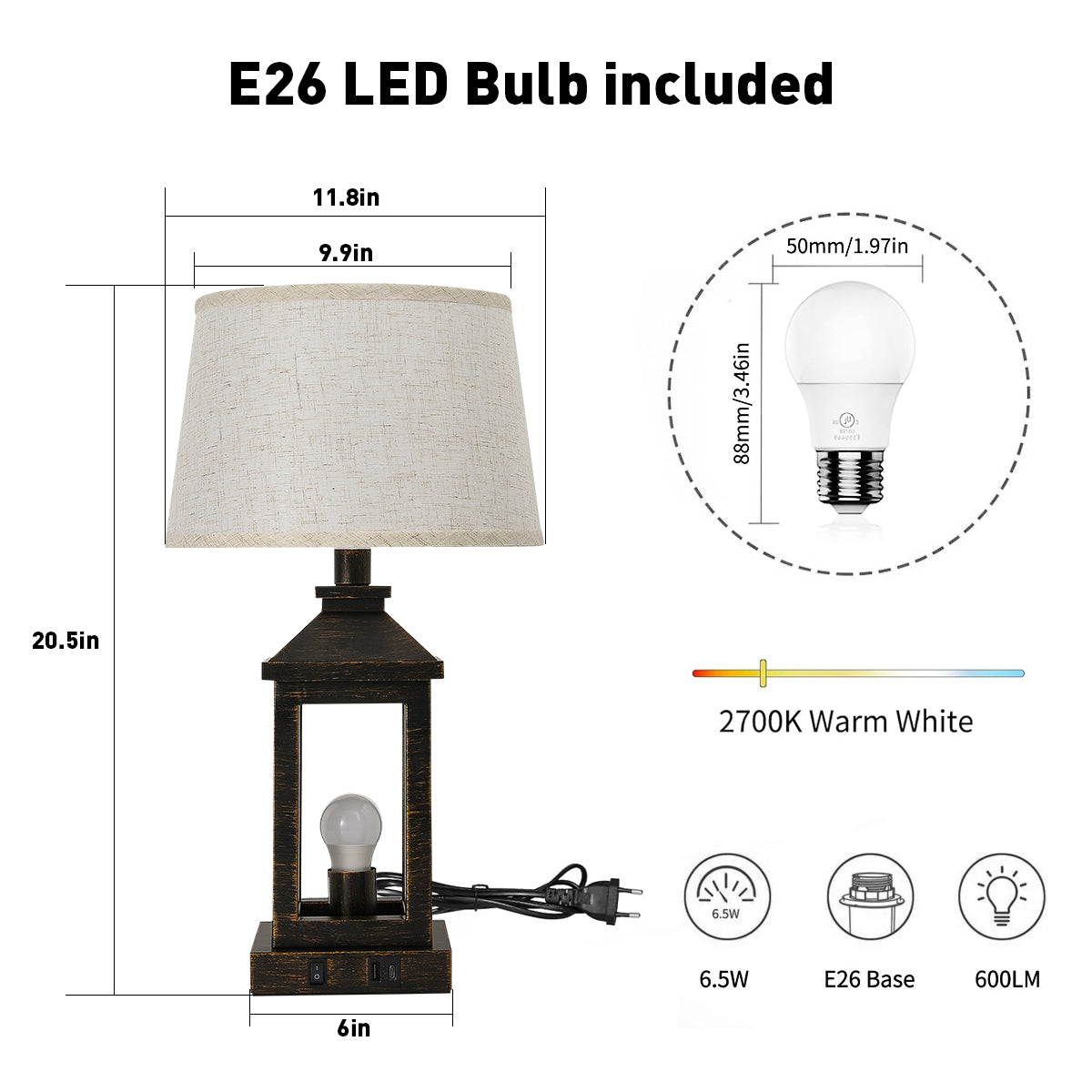 Dimmable Black Gold Farmhouse Table Lamp with USB Ports