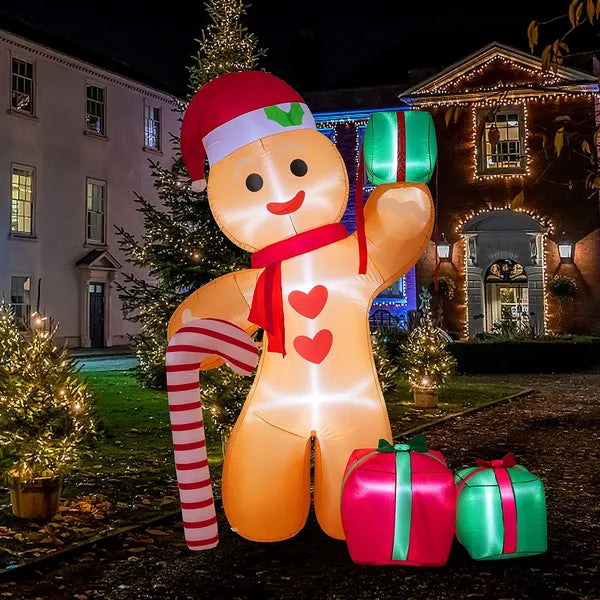 8FT Inflatable Gingerbread Man with Candy Cane and Gift Boxes