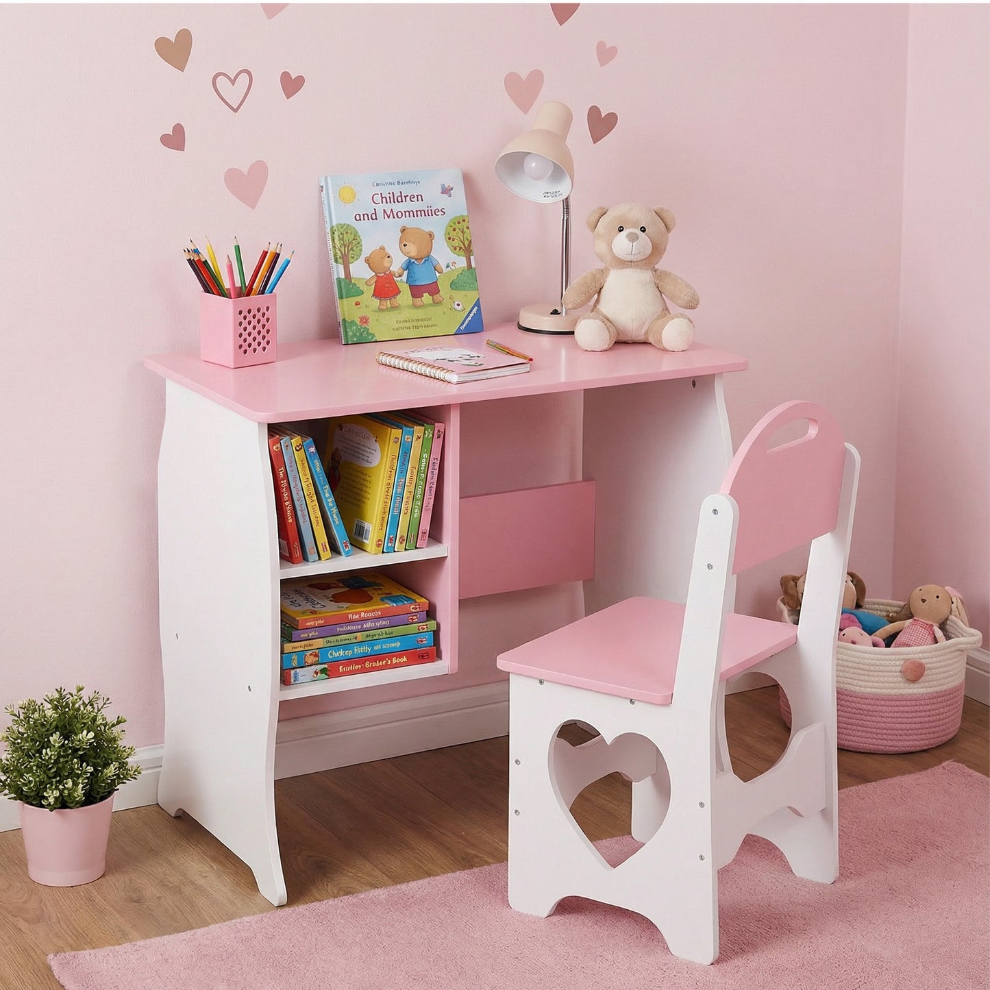 Kids Desk And Chair Set Children Study With Storage Shelf Wooden