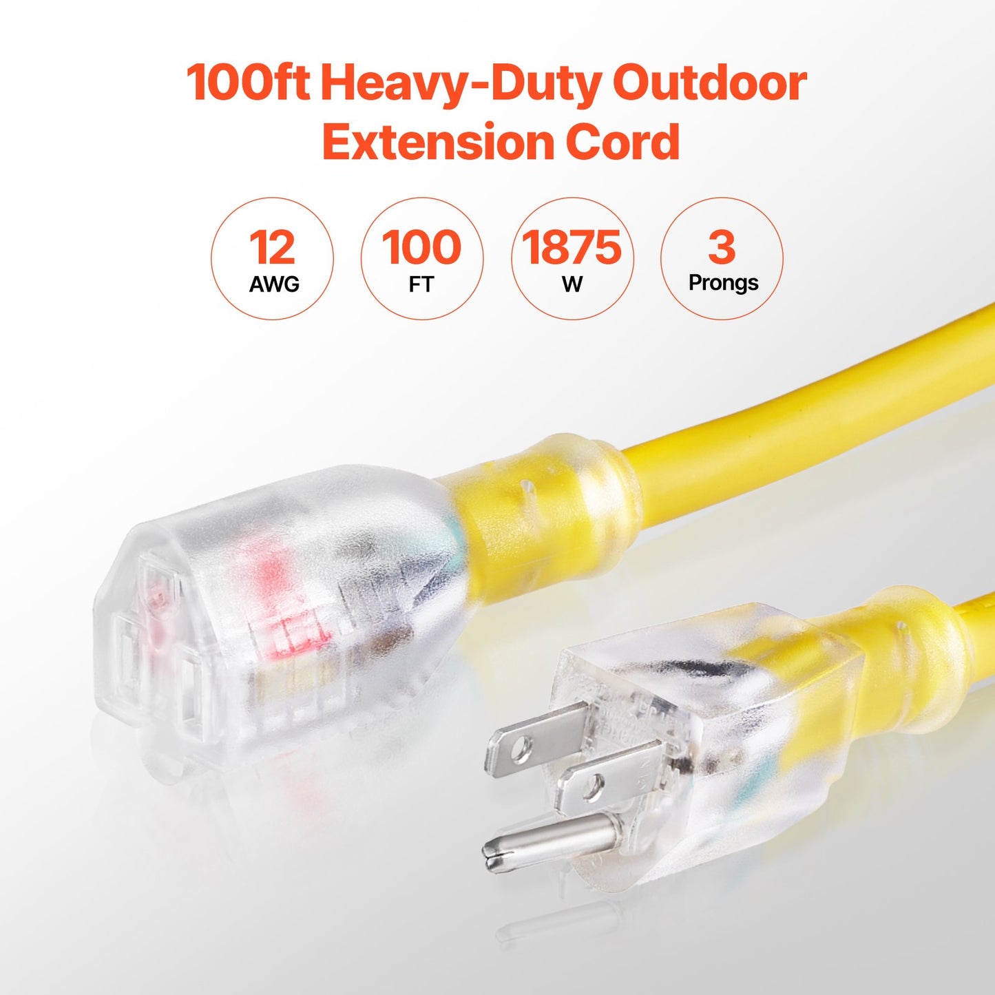 Heavy Duty 100FT Extension Cord 12AWG 15A Waterproof with Lighted End