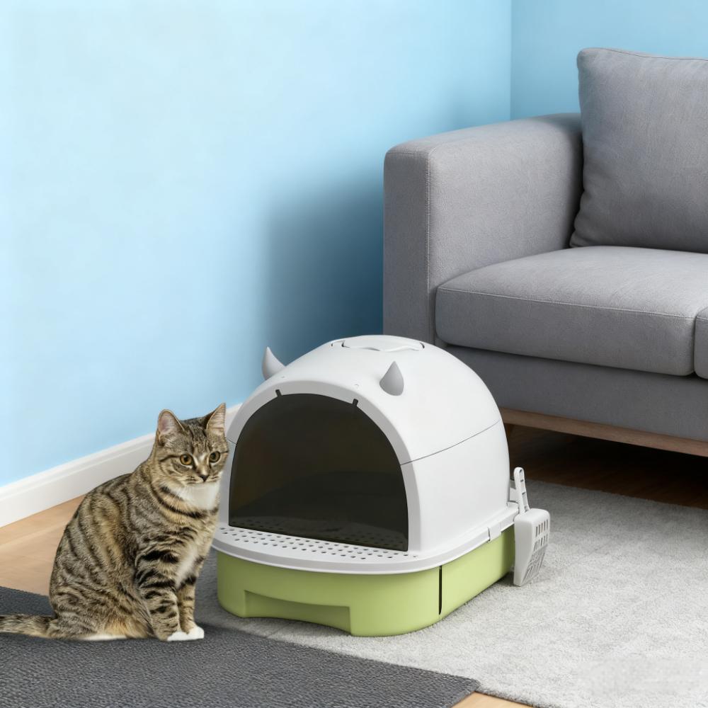 Green Cat Litter Box with Lid, Scoop & Deodorizing Bags