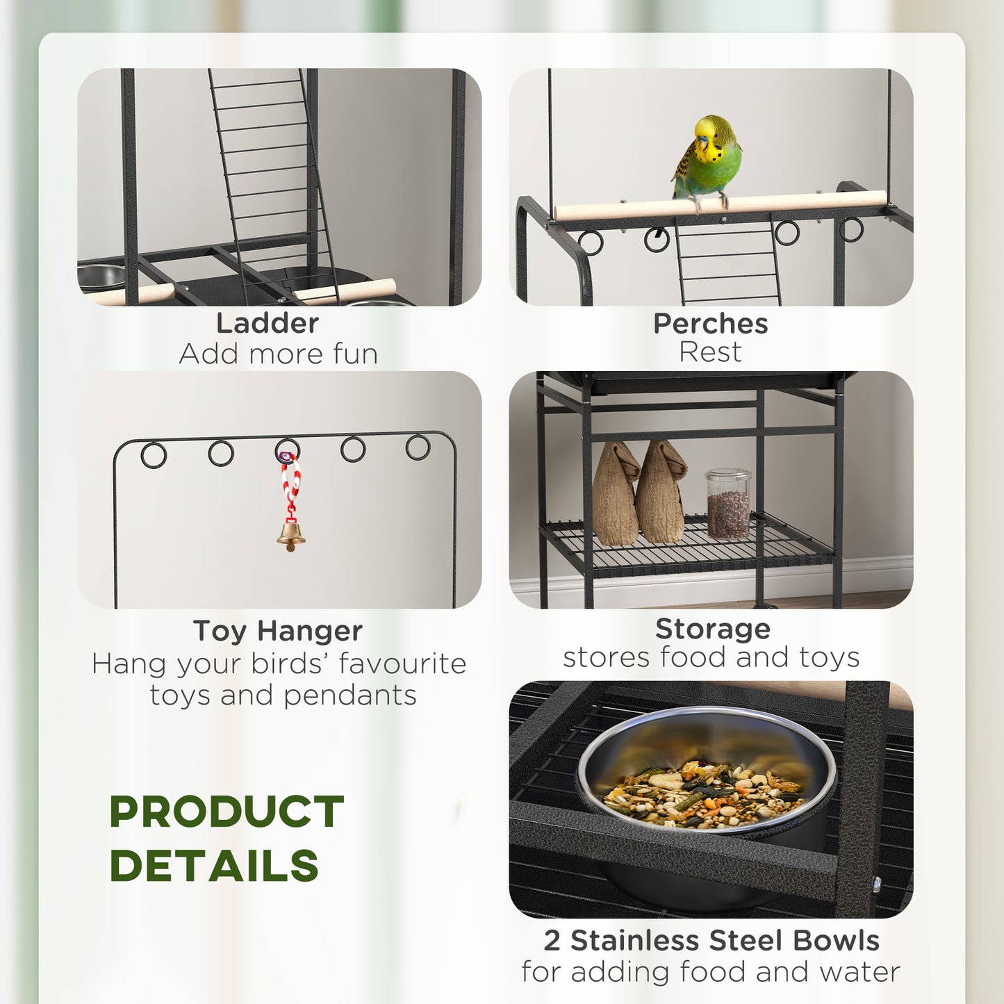 Indoor Outdoor Bird Stand with Wheels, Stainless Steel Feed Bowls & Perches - Gray