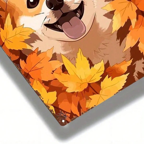 Cute Shiba Inu Metal Sign - Autumn Leaves Wall Art Decor