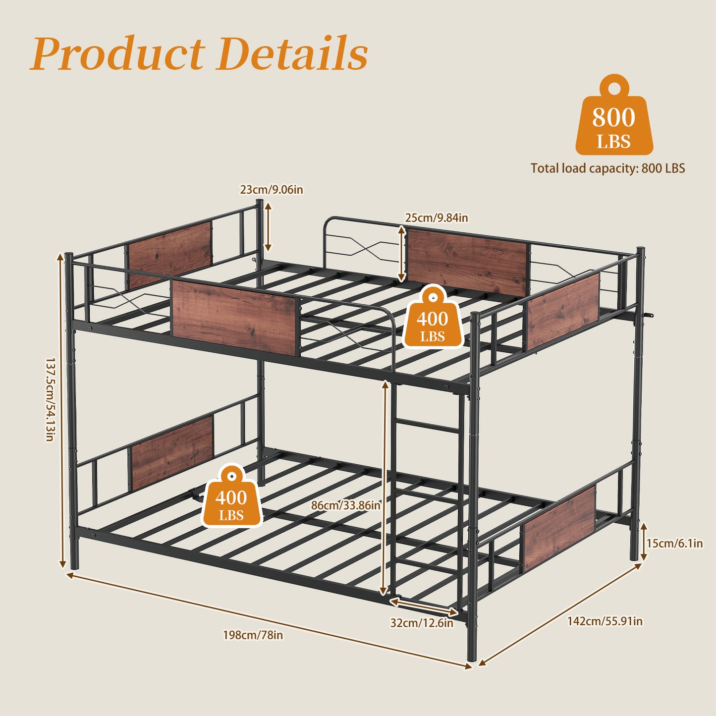 Full Over Full Detachable Metal Bunk Bed Frame with Storage