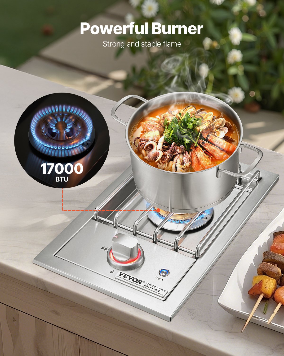 Outdoor Single Gas Side Burner 17,000BTU Propane & Natural Gas - Stainless Steel