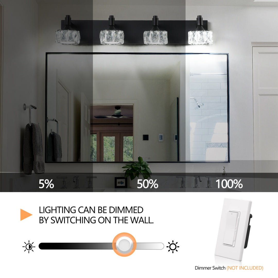 4-Light Matte Black LED Vanity Light Fixture with Crystal Shades