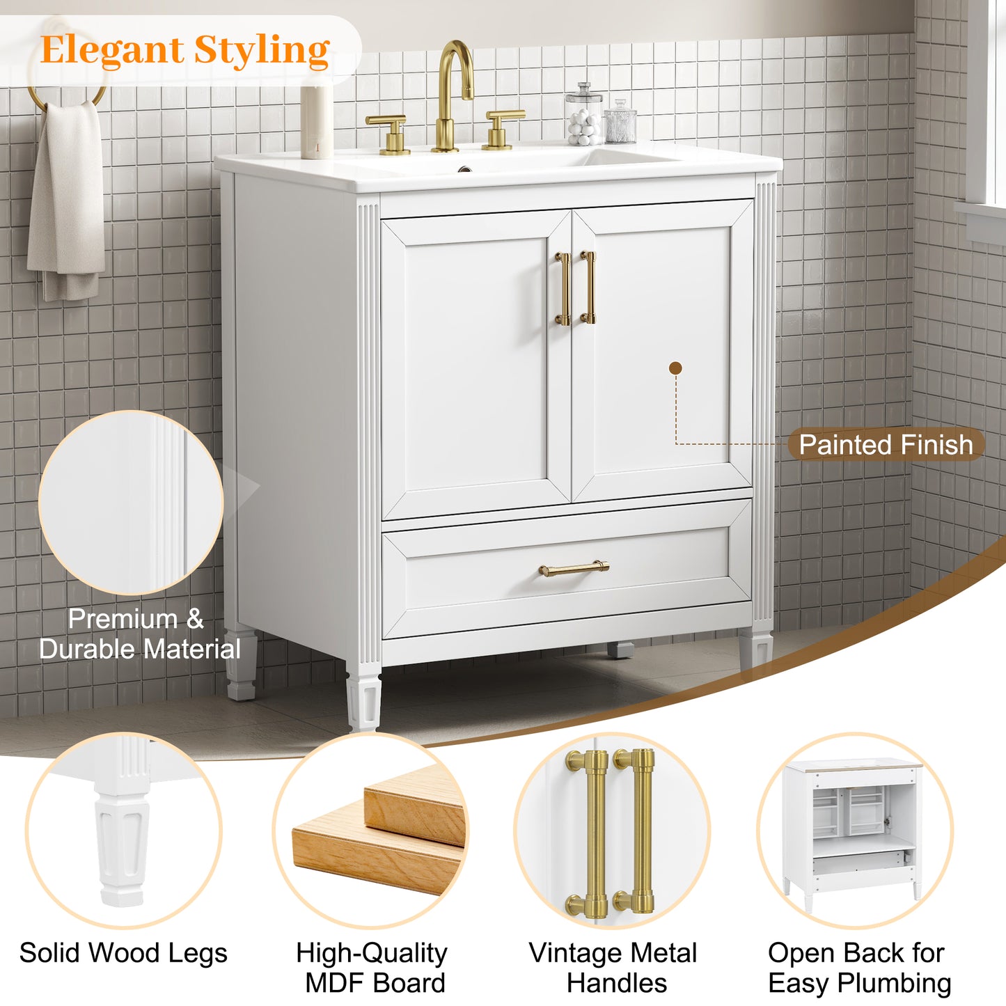 30" Elegant Fluted Bathroom Vanity with Ceramic Sink - White