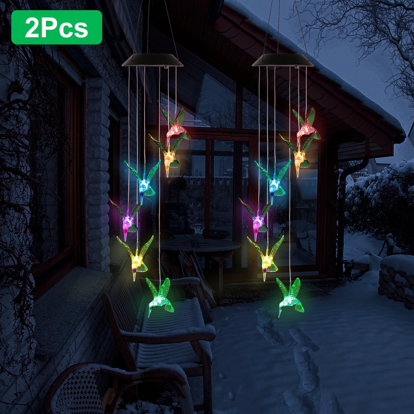 Solar Hummingbird Wind Chime with Color-Changing LED String Lights - Waterproof Garden Decor