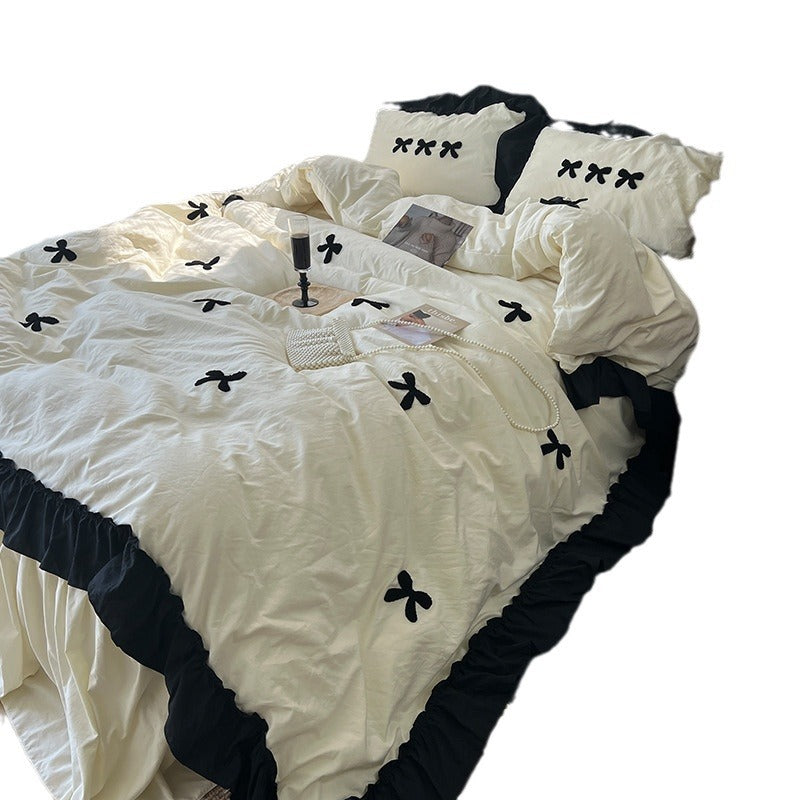 Cream Ins Girl Bow Lace Cotton Bedding Set - Multiple Sizes & Patterns