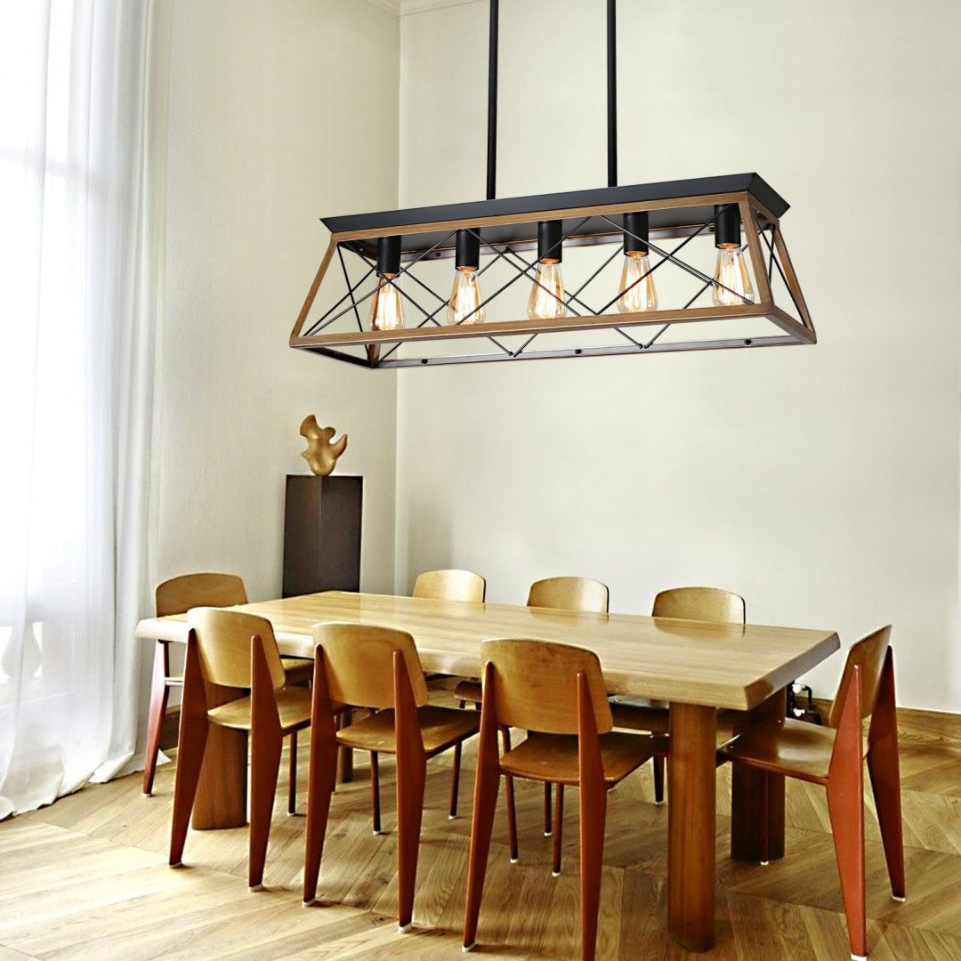 32-Inch Walnut Industrial 5-Light Pendant Chandelier - Adjustable