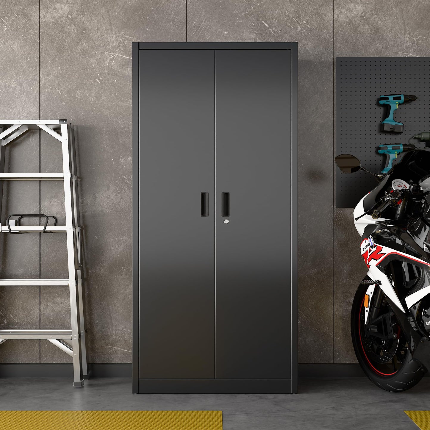 Locking Garage Storage Cabinet with 5 Adjustable Shelves - Black