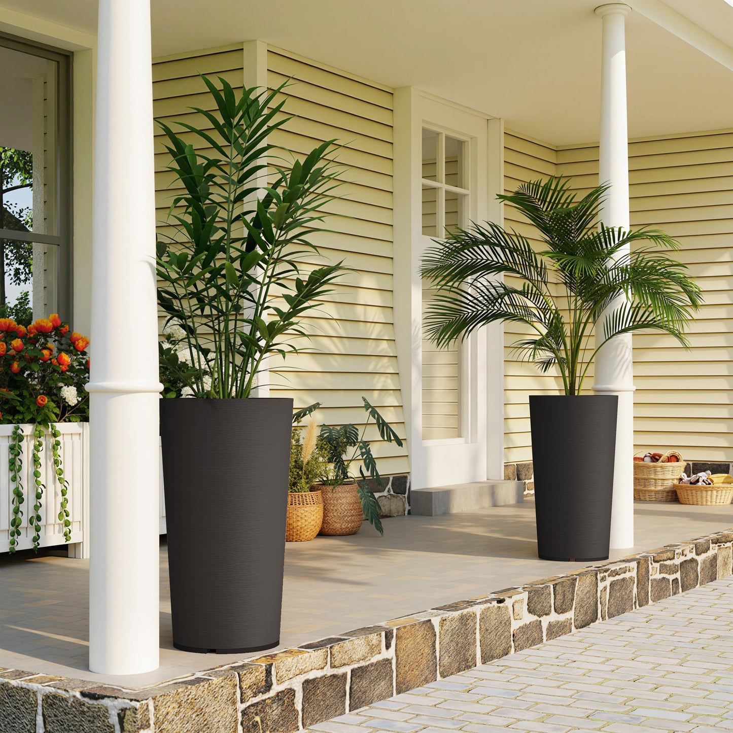 29 Inch Outdoor Plastic Planters Set of 2 Weather-Resistant Stackable Flower Pots