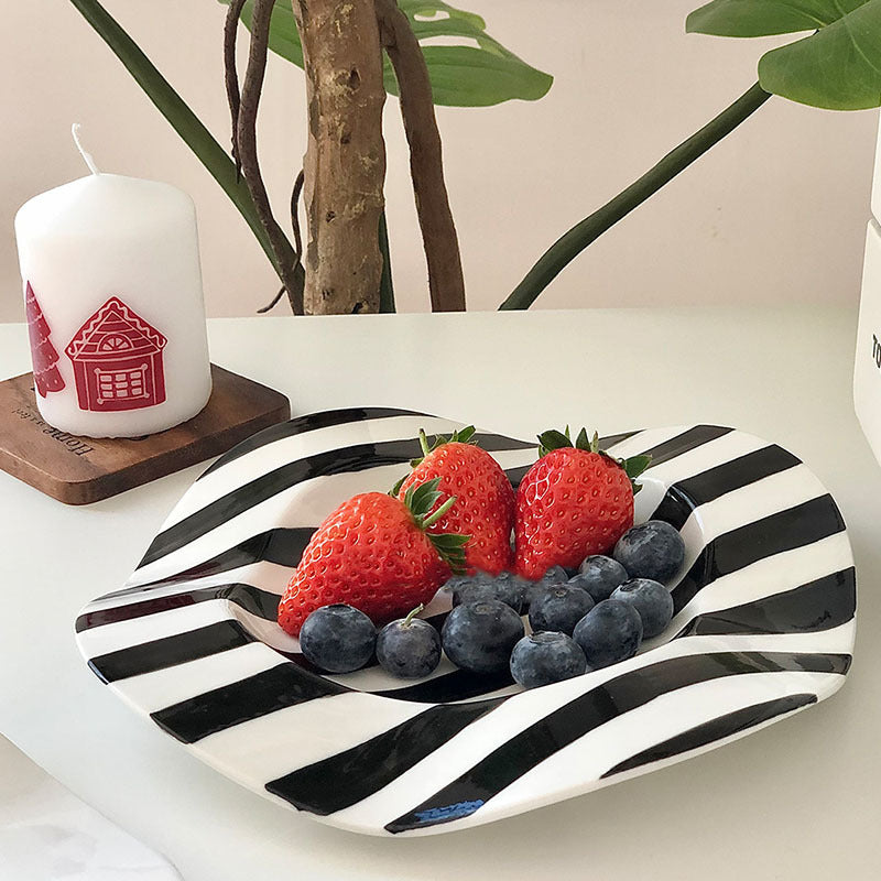 8-Inch Porcelain Breakfast Plate with Dot and Stripe Designs - Irregular Underglaze