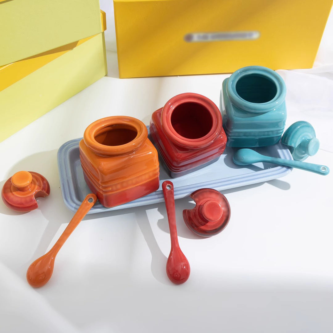 Ceramic Seasoning Jar Set with Spoon - Gift Box Condiment Bottles, Color Options
