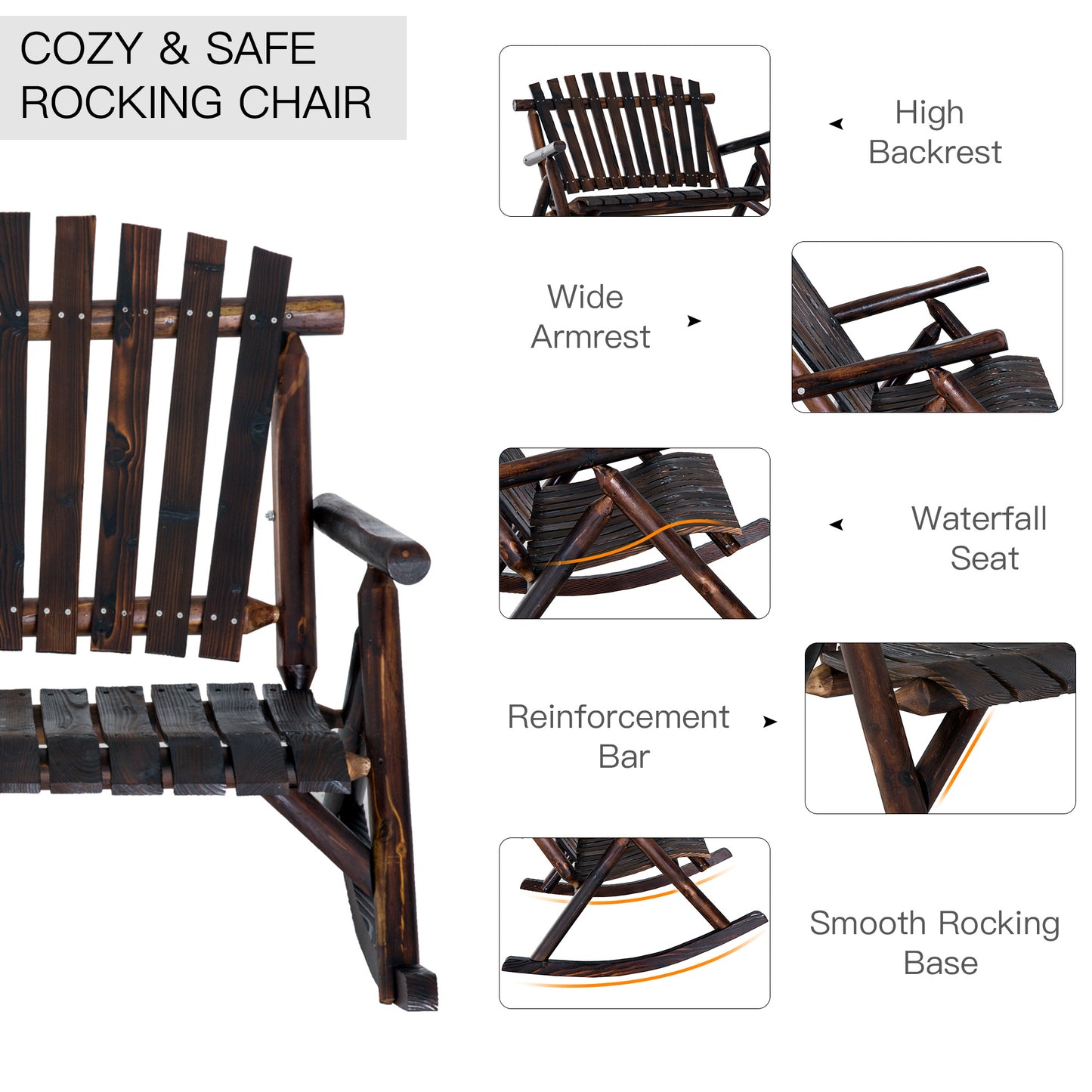 Wooden Adirondack Rocking Chair - Carbonized Outdoor Seating