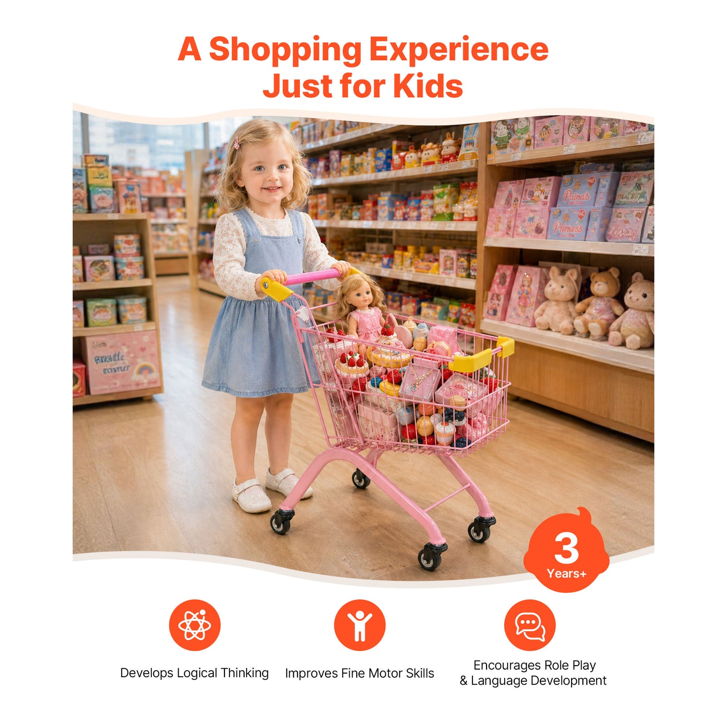Kids Grocery Shopping Cart with Steel Frame & Wheels - Pretend Play Toy