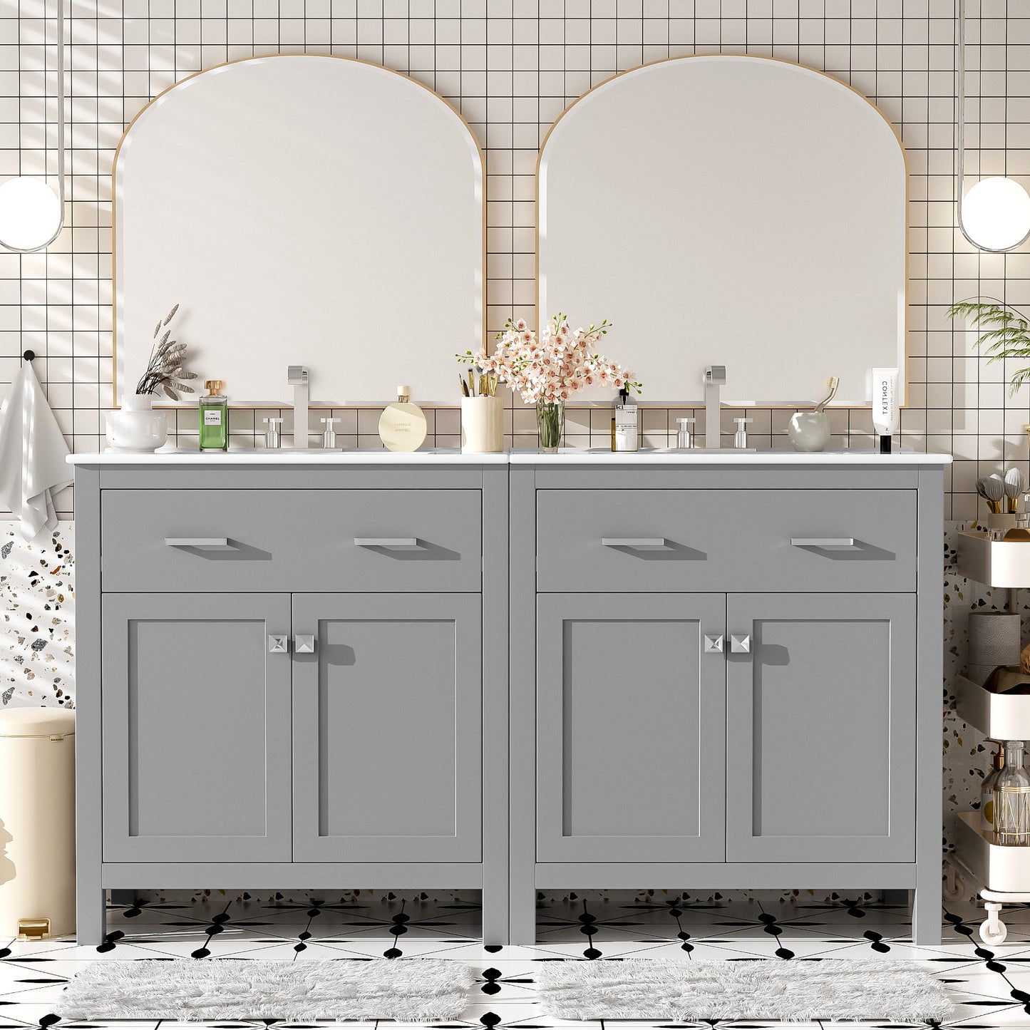 60" Modern Gray Bathroom Vanity Set with Double Sinks & Storage