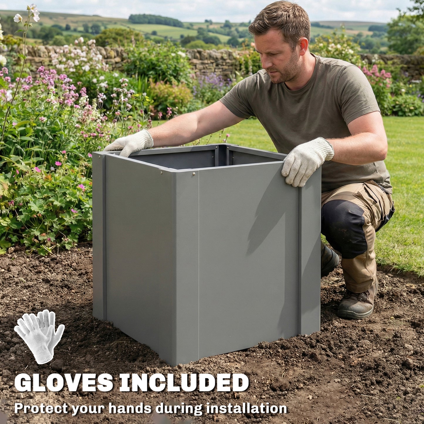 Galvanized Raised Garden Bed Planter Box Outdoor with Gardening Gloves - Gray 1.4x1.4x1.5 ft