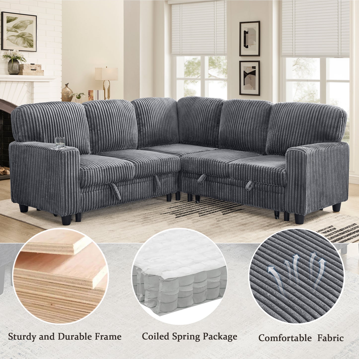 L-Shaped Sectional Sofa Bed with Storage & USB Charging - Grey