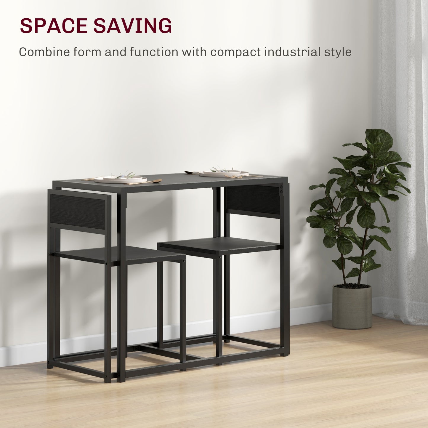 3-Piece Industrial Dining Room Set with Table & 2 Chairs - Black